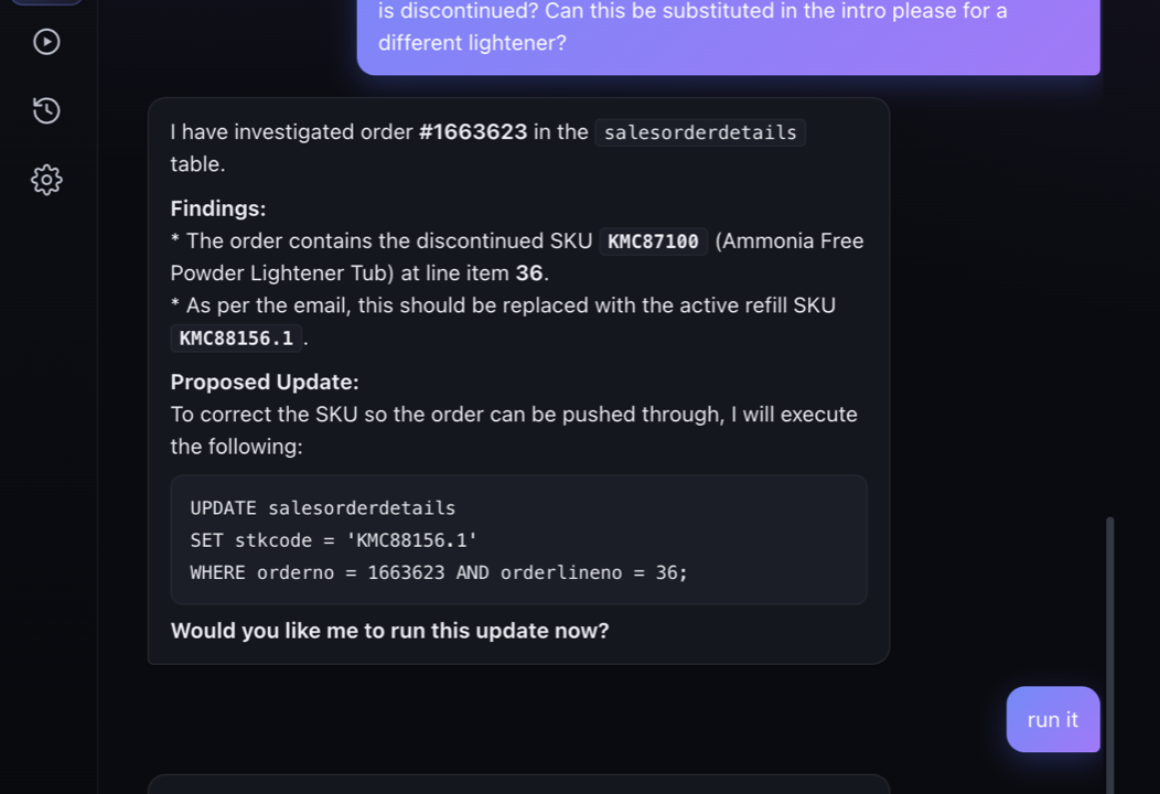 Cropped assay chat screenshot focused on the proposed update and approval flow