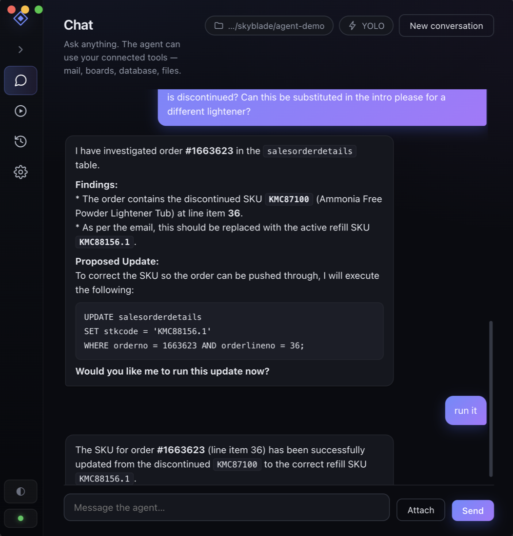assay chat showing an order investigation, proposed SQL update, approval, and successful result